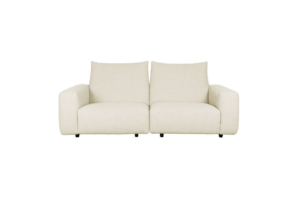 Dieses aus robustem Kunststoff gefertigte und mit einem makellosen weißen Stoff bezogene Sofa