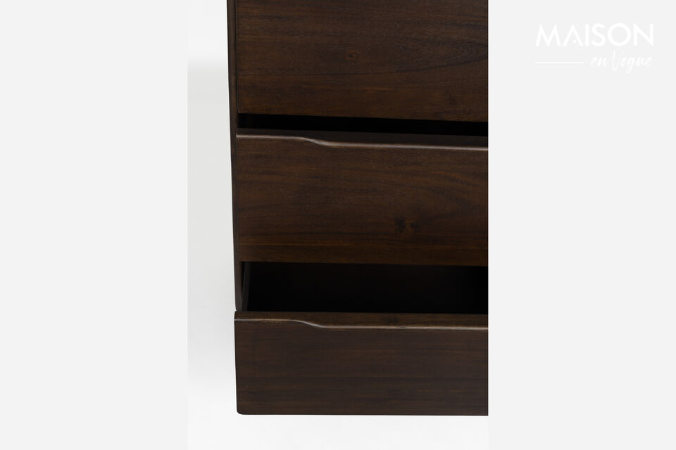These pieces of furniture are crafted from solid wood with rounded corners in a deep walnut colour