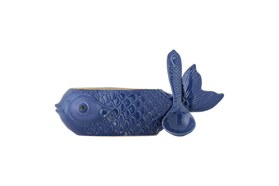 Barattolo con coperchio e cucchiaio L35,5xH15,5 cm in gres blu Hiro - 4