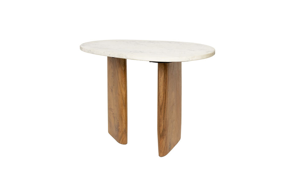 The organic, oval-shaped design of the solid wood legs adds a touch of sophistication