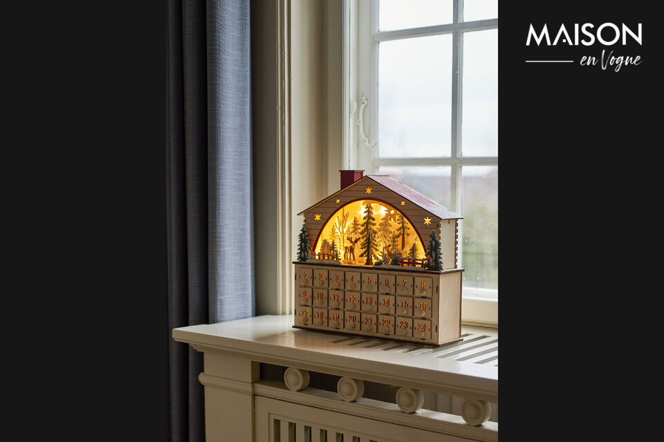 Der Melvin Kalender mit Licht ist ein festlicher Adventskalender aus Holz in Hausform mit