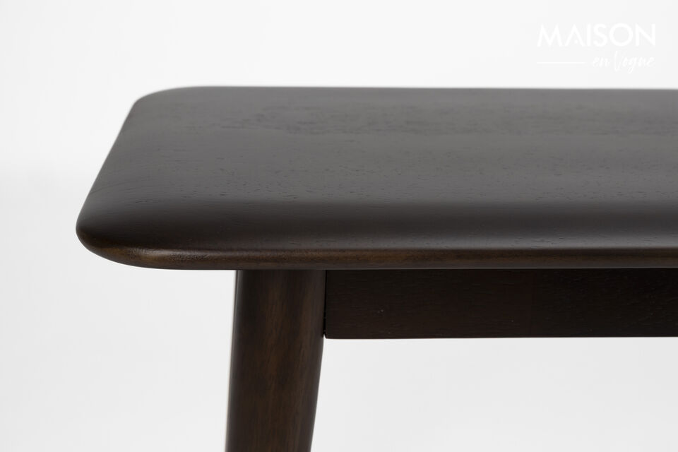 These pieces of furniture are made from solid wood with rounded corners in a deep walnut colour