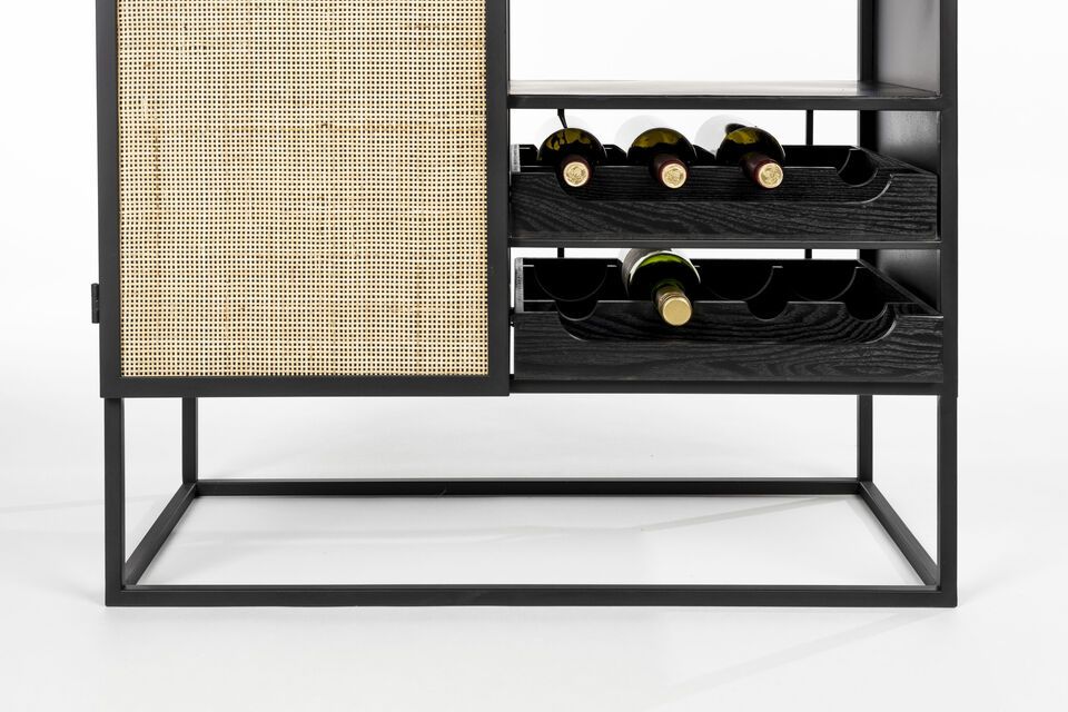 The rattan door with magnetic closure cleverly conceals two shelves