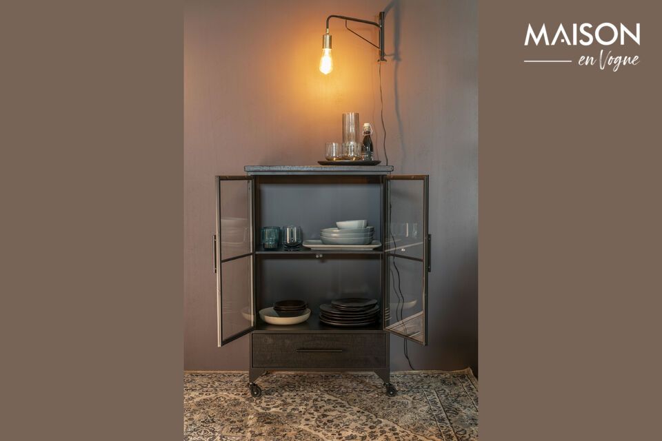 Crafted with a sturdy black metal frame and black-stained wood shelves