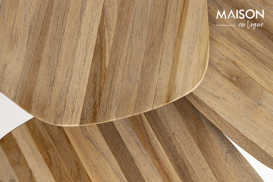 These tables feature a recycled teak tabletop and iron legs, combining sustainability with style