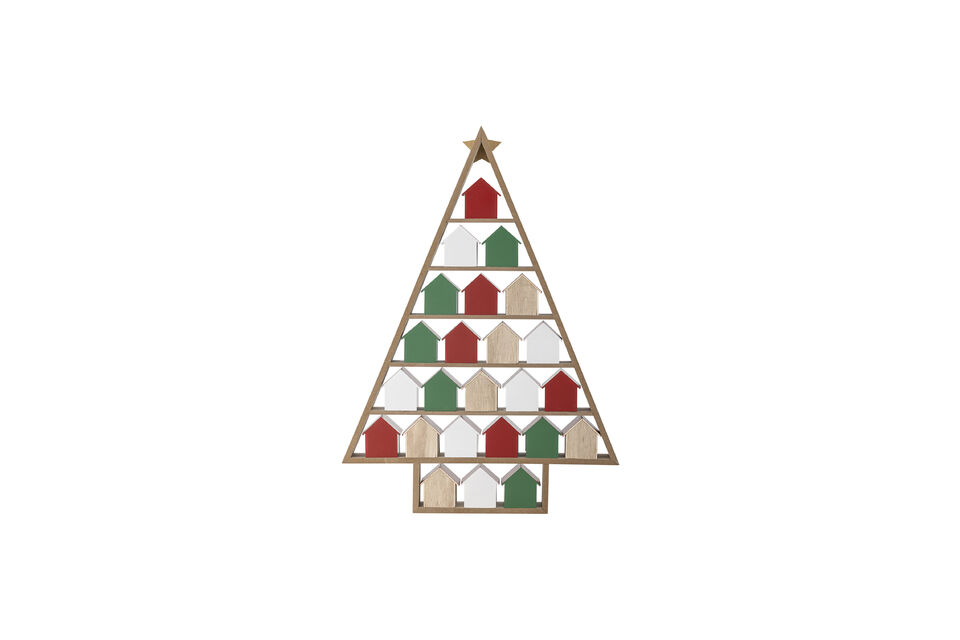 Este encantador calendario con forma de árbol de Navidad está fabricado en madera y adornado con