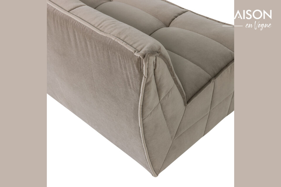 Le revêtement en velours taupe chaud donne au canapé un aspect luxueux et est merveilleusement