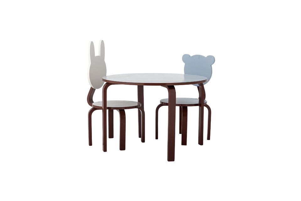 The tabletop is decorated with horizontal stripes, creating a playful yet clean look