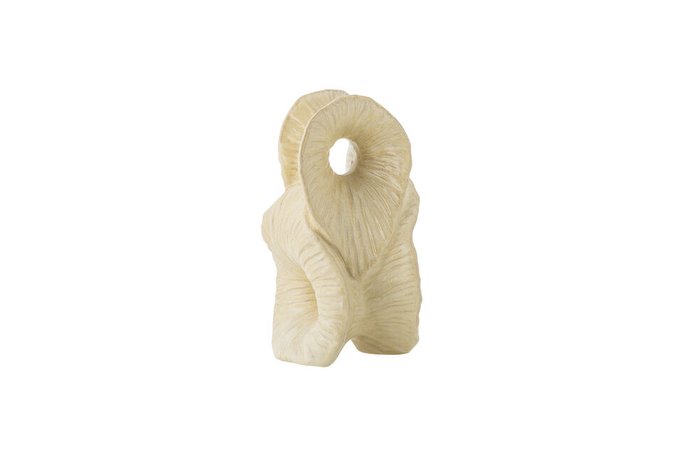 In a warm beige tone, it presents an abstract sculptural form with soft curves and two open centres