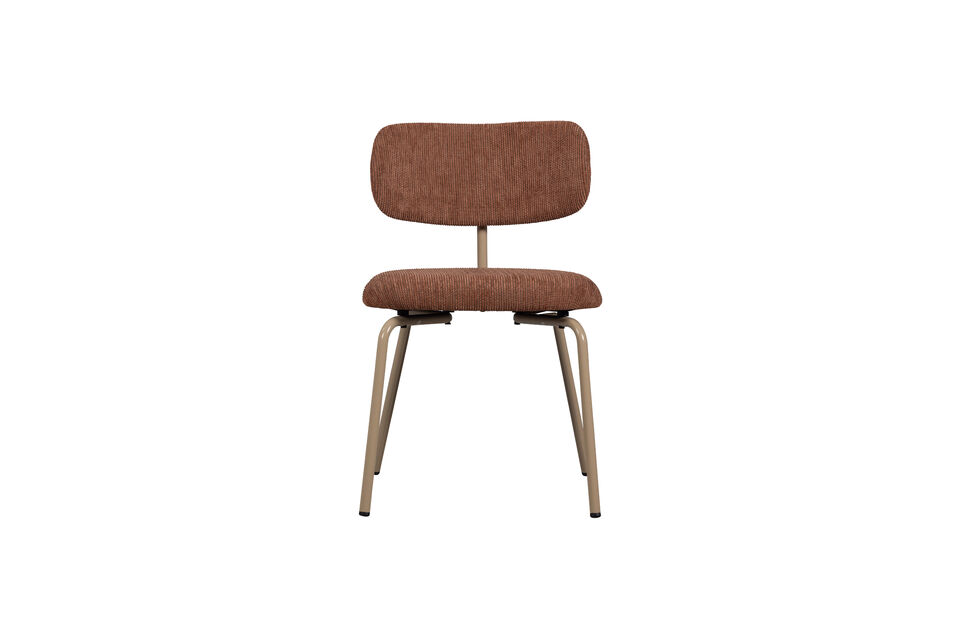 The dining chair is upholstered with a woven fabric and features a slim metal base