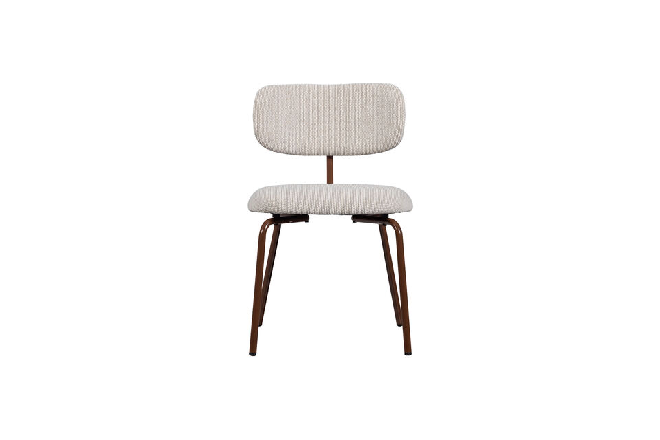 The dining chair is upholstered with a woven fabric and features a dark and slim metal base