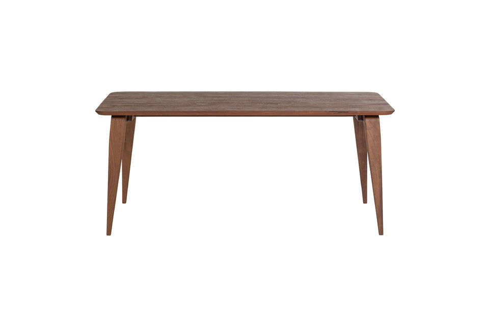 This stylish dining table features a warm brown finish and slender