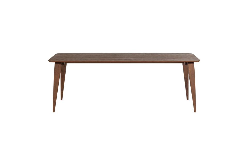 This stylish dining table has a warm brown color and slender