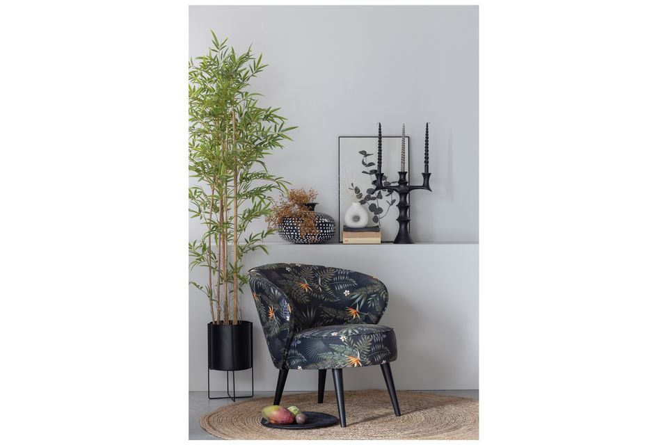 Fauteuil élégant en velours imprimé fleuri et pieds bois