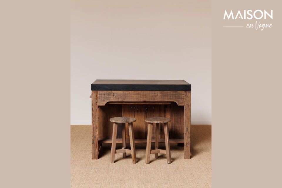 Ilôt de cuisine en bois foncé et marbre Noir Chehoma