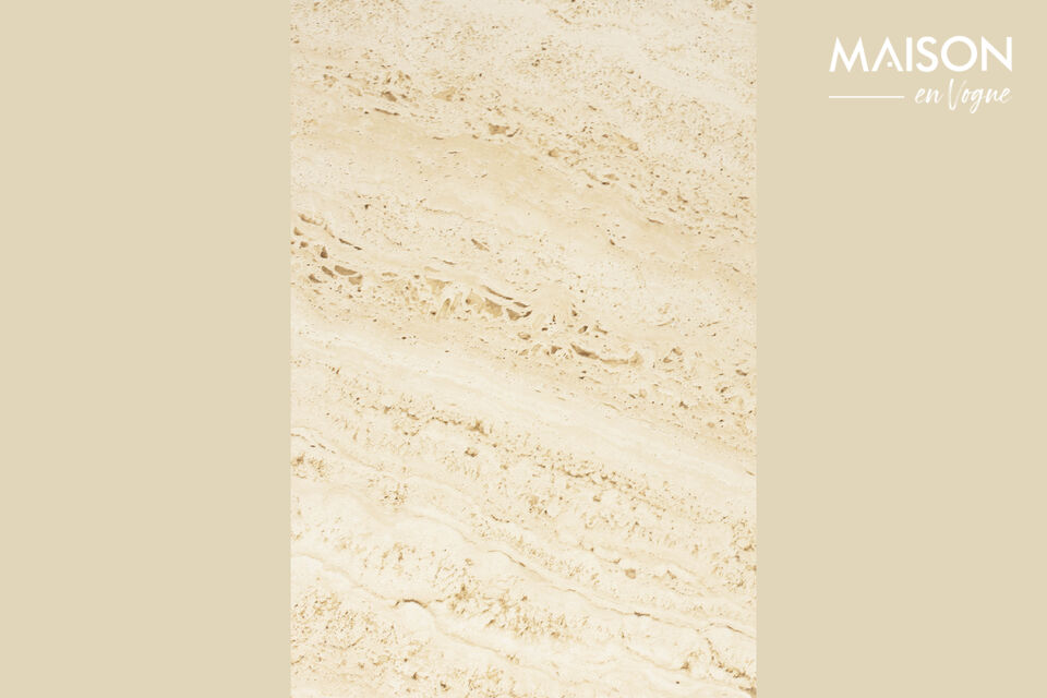 The ceramic tabletop mimics the beauty of travertine stone