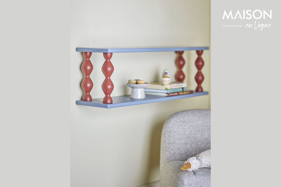 The Bibiola Shelf by Bloomingville MINI is made of MDF with blue shelves and twisted brown legs
