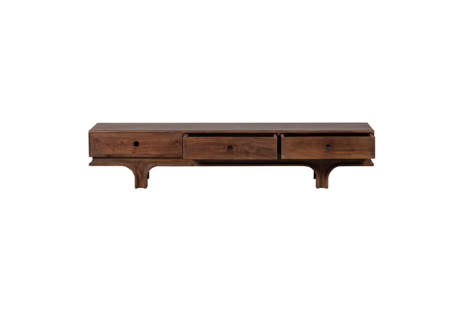 Les grains et les nœuds du bois de manguier font du meuble TV Staes un objet authentique et unique