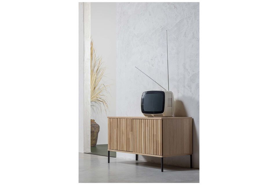 Meuble TV New, placage de chêne beige et métal noir, pratique et polyvalent