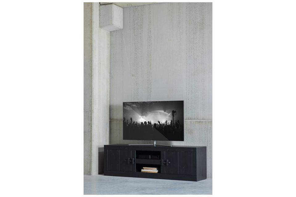 Meuble TV en pin massif noir, robuste et résistant