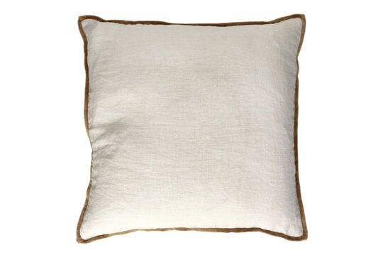 Opposites white linen and camel cushion