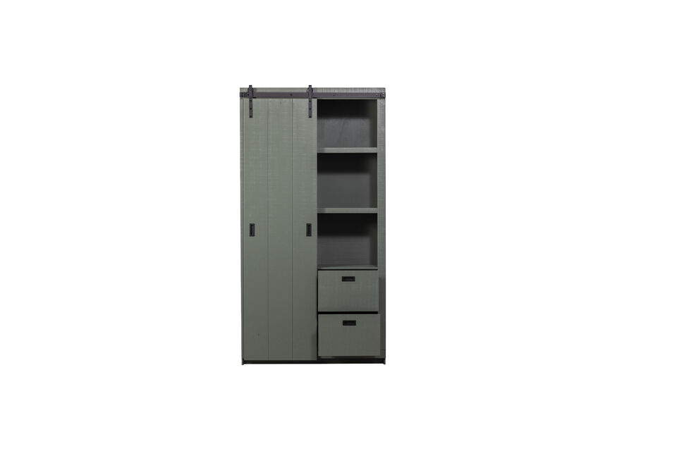 The cabinet has divided over two sides two thick shelves and at the bottom 2 drawers