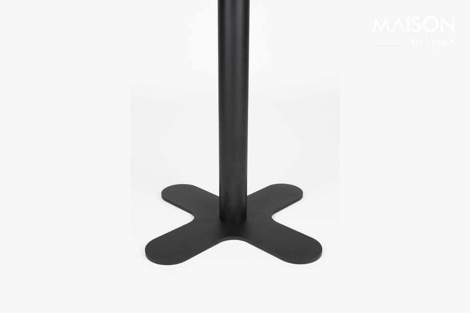 This outdoor bistro table is made of metal and features a stylish, minimalist design