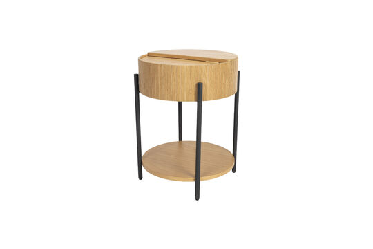 Round brown oak side table Slides