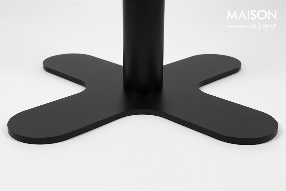 This outdoor bistro table is made of metal and features a stylish, minimalist design