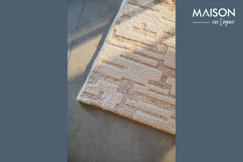 With a subtle beige palette, the pattern of stripes and blocks creates an interesting visual design