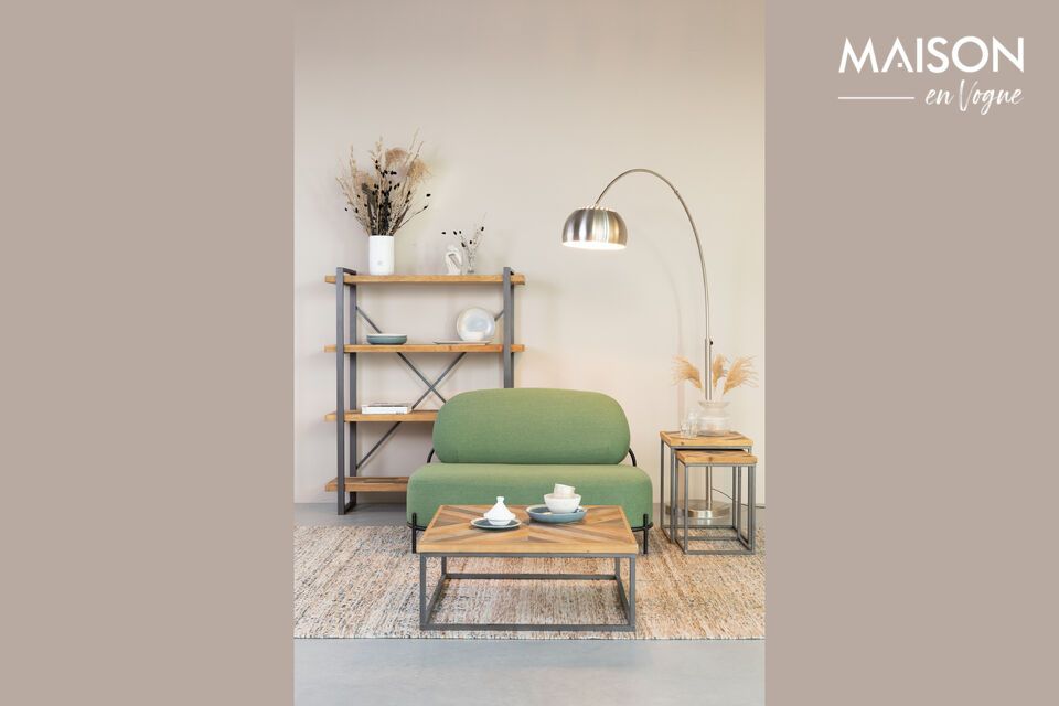 The beige color blends harmoniously with touches of warm brown and denim blue