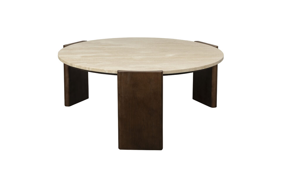 Runder Couchtisch 90 cm aus Travertin und braunem Holz Valcour DutchBone
