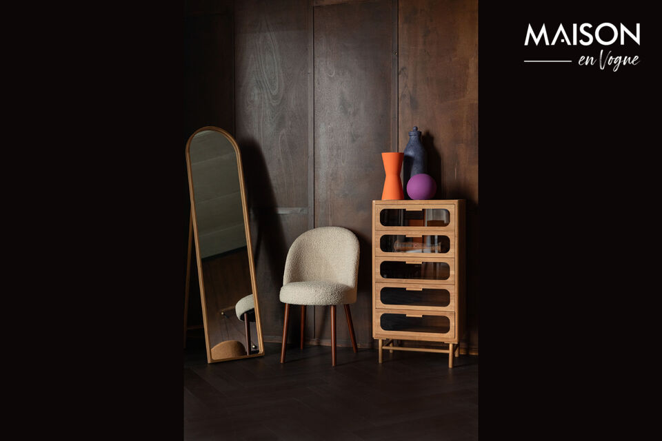 The wooden legs with walnut finish are also a perfect match for the upholstery and complete the