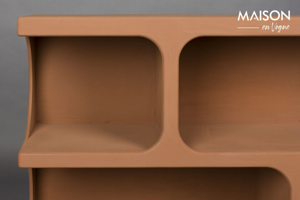 These design storage units feature distinctive horizontal compartments that are staggered and cut