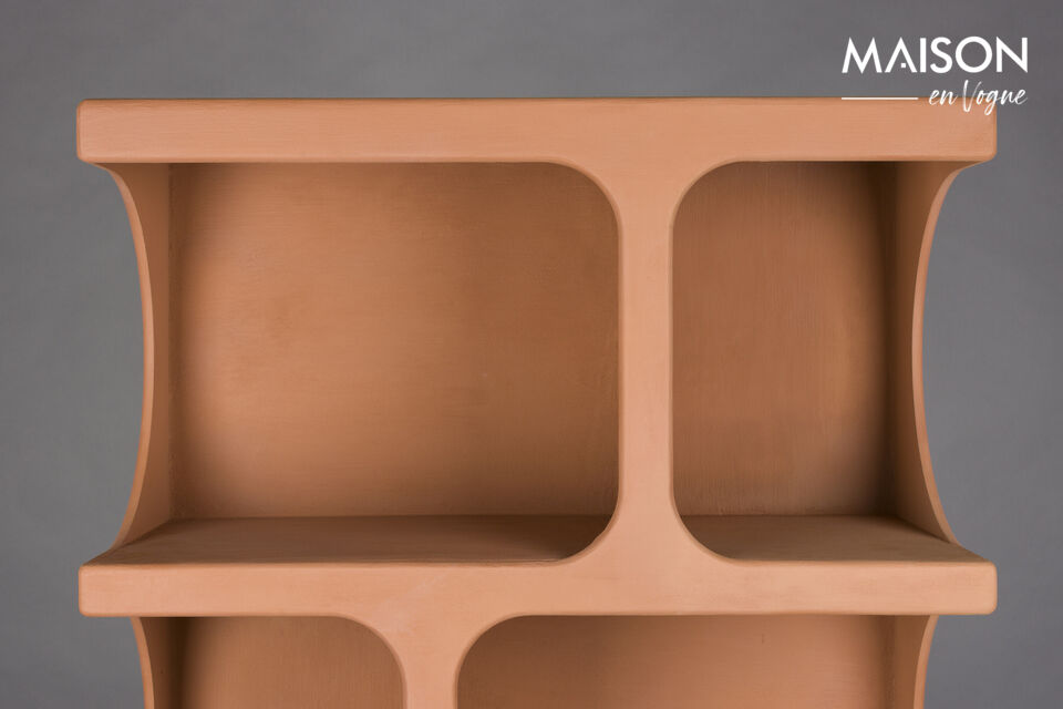 These design storage units feature distinctive horizontal compartments that are staggered and cut