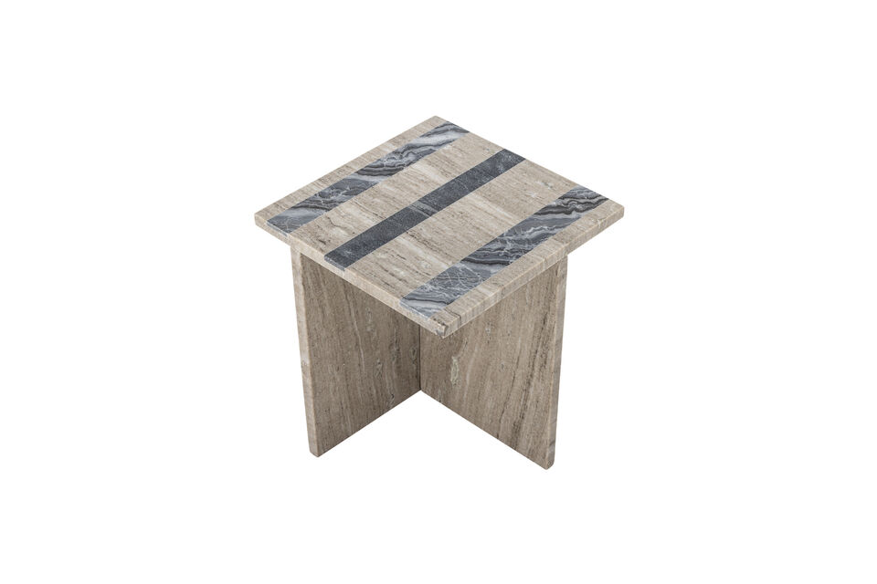 The brown surface shows visible veining and is detailed with three wide grey stripes across the top