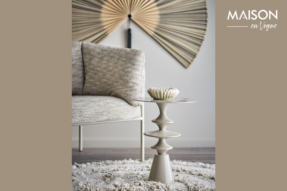 The Samio Side Table is an aluminum design with a powder-coated finish in light beige