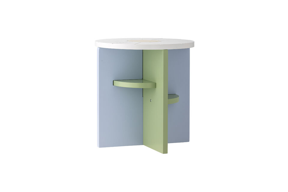 The color-blocked design is highlighted by a vertical panel and gently curved shelves that create a