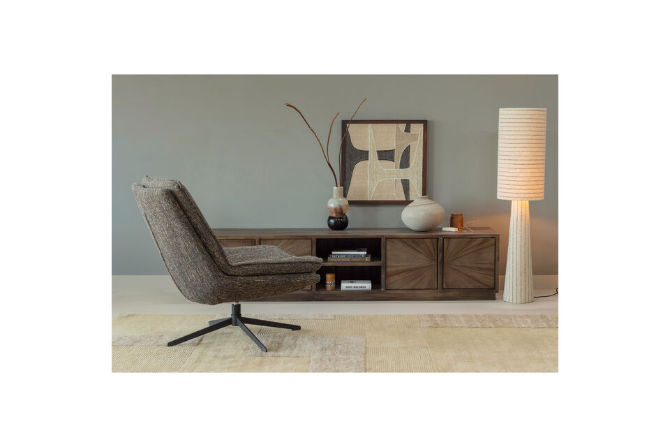 Comfortable swivel armchair Upholstered with woven fabric (100% polyester) Base made of black metal