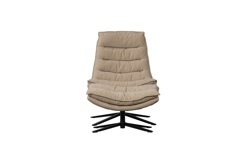 Both the armchair and hocker are upholstered in a soft woven fabric and stand on a sturdy metal