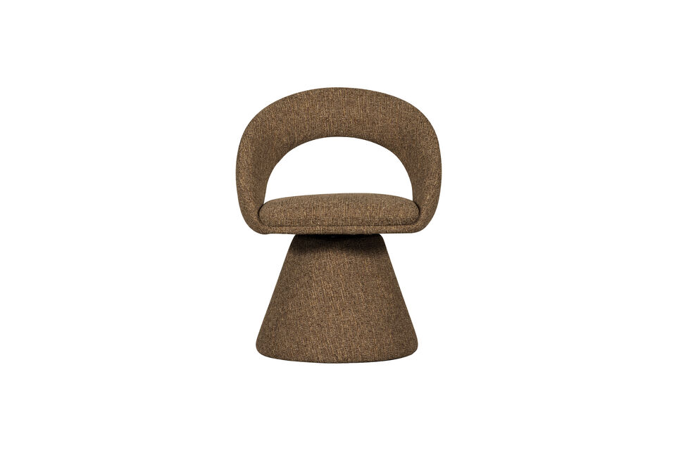 The dining chair is upholstered in a woven fabric and features a swivel leg fully upholstered in