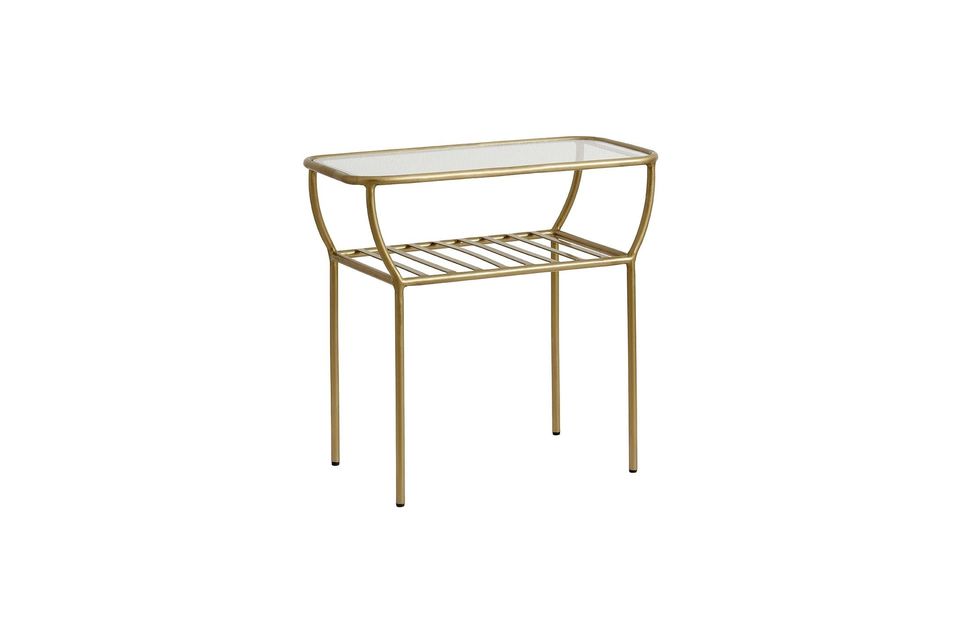 Le plateau supérieur est en verre transparent et le plateau en dessous est en latte en fer et