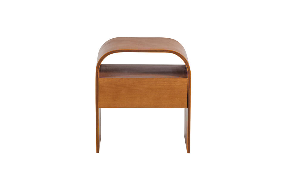 Forme ronde MDF avec grain de bois visible Couleur marron chaud Dimensions compactes  La table de