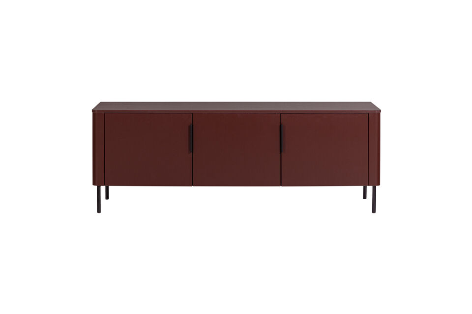 The matte burgundy red lacquer gives the furniture a striking and bold appearance